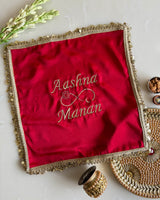 Red Personalised infinity with sun and moon Karwachauth square thali cover