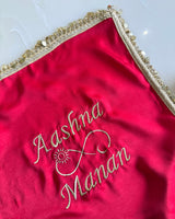 Red Personalised infinity with sun and moon Karwachauth square thali cover